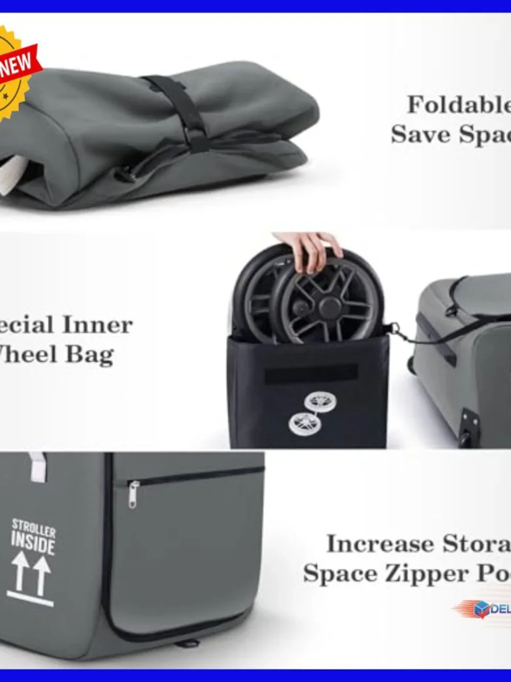 Stroller Travel Bag with Wheels, Storage Pocket, Luggage Tag for Airplane